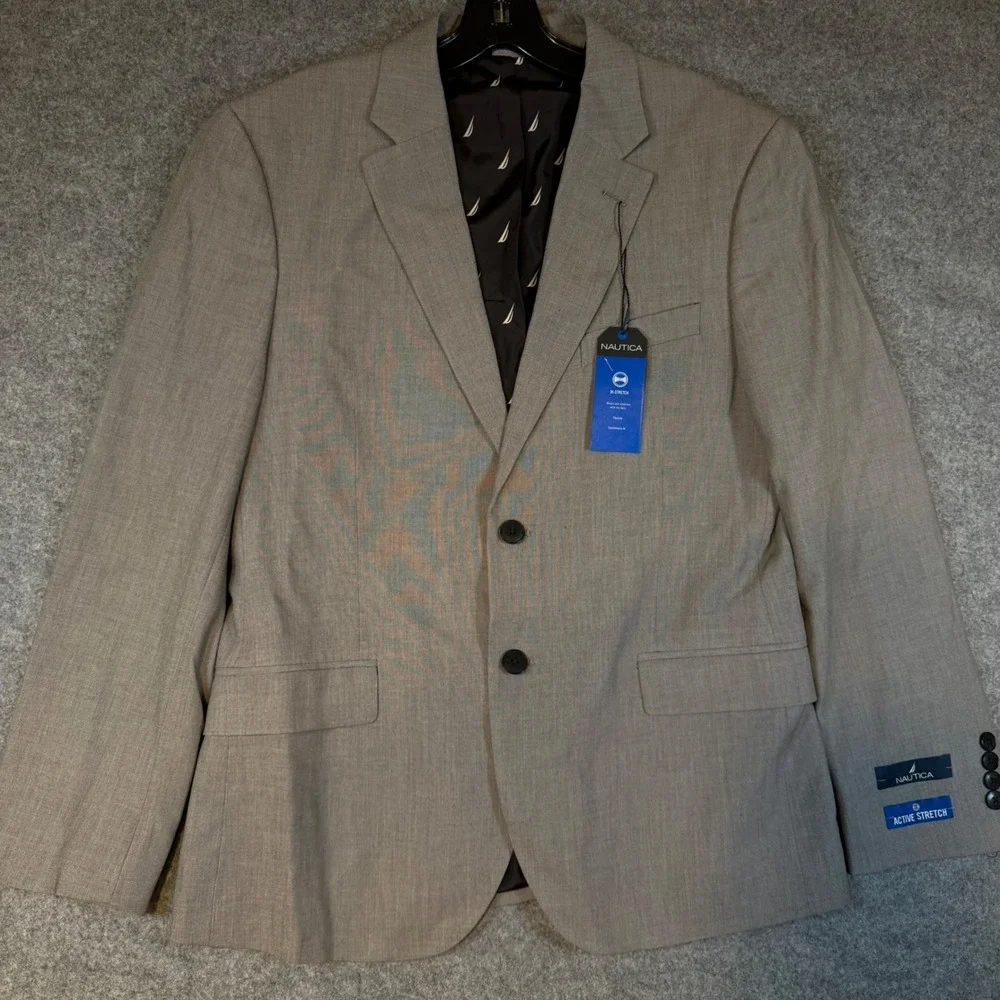 Nautica Mens 2 Piece Suit 38S W32 Light Grey Solid Active Bi-Stretch Modern Fit